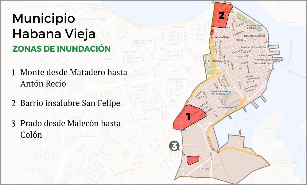 Zonas de inundación en el Municipio Habana Vieja (Mapa creado con datos provistos por Aguas de La Habana)