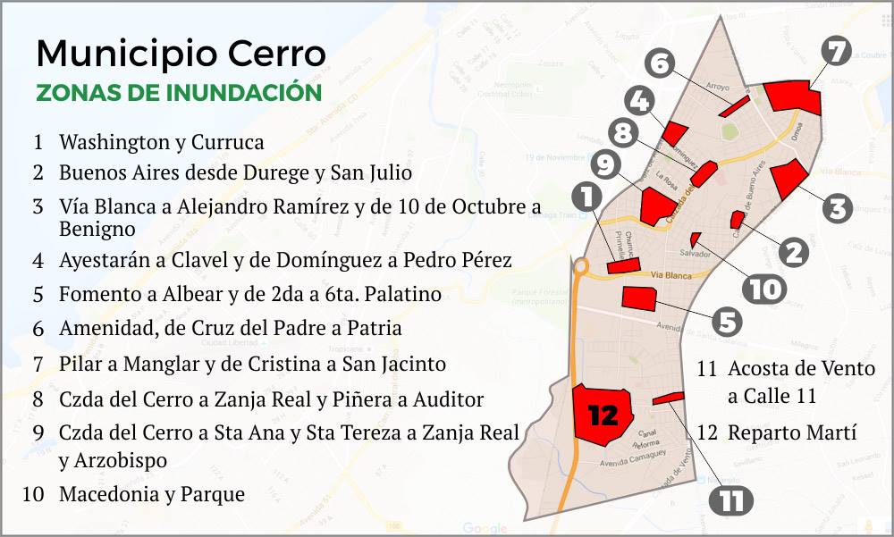 Zonas de inundación en el Municipio Cerro (Mapa creado con datos provistos por Aguas de La Habana)
