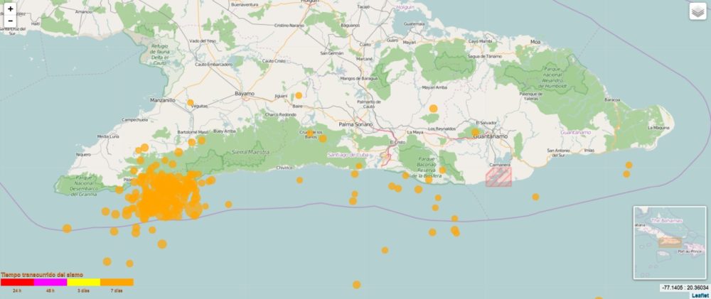 Detalle de un mapa de Cuba que muestra la actividad sísmica reciente en Cuba, con datos del visor de sismos del CENAIS. Los puntos de los sismos están representados por colores según su magnitud, con una destacada actividad en la región suroriental de la isla. Imagen: captura de pantalla del sitio oficial del CENAIS.