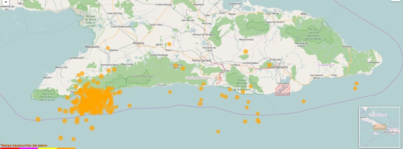 Detalle de un mapa de Cuba que muestra la actividad sísmica reciente en Cuba, con datos del visor de sismos del CENAIS. Los puntos de los sismos están representados por colores según su magnitud, con una destacada actividad en la región suroriental de la isla. Imagen: captura de pantalla del sitio oficial del CENAIS.