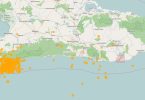 Detalle de un mapa de Cuba que muestra la actividad sísmica reciente en Cuba, con datos del visor de sismos del CENAIS. Los puntos de los sismos están representados por colores según su magnitud, con una destacada actividad en la región suroriental de la isla. Imagen: captura de pantalla del sitio oficial del CENAIS.