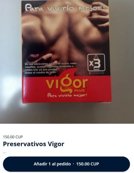 Caja de preservativos Vigor con un precio de 150 CUP en una tienda online en Cuba.