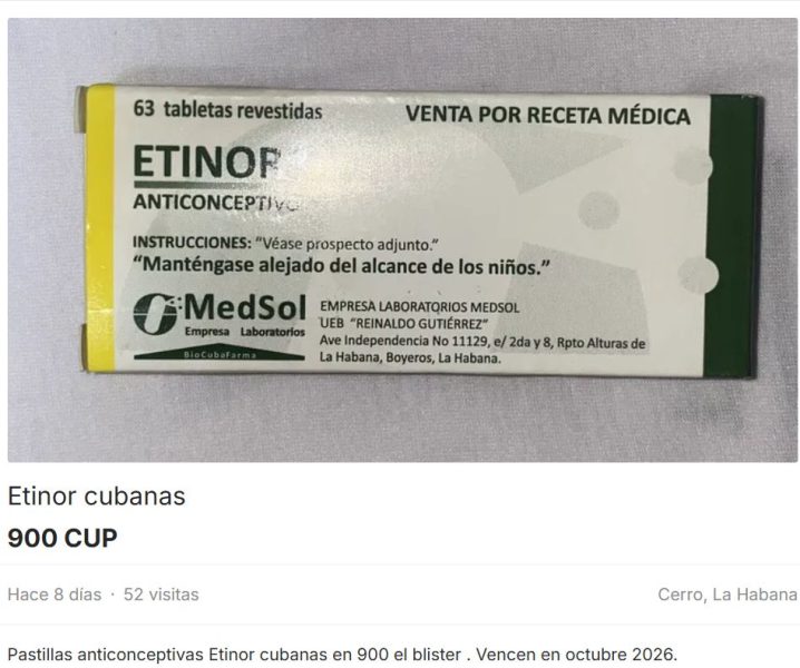 Caja de anticonceptivos Etinor con la etiqueta "Venta por receta médica", ofrecida en el mercado informal a 900 CUP.