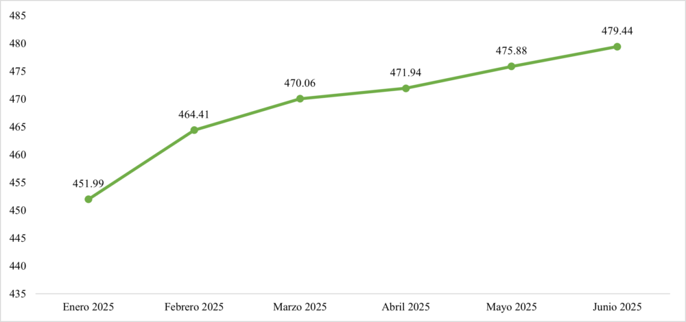 Comportamiento del IPC mensual con respecto al año base (2010) de enero a junio de 2025. Fuente: Elaboración propia con datos de la ONEI. 