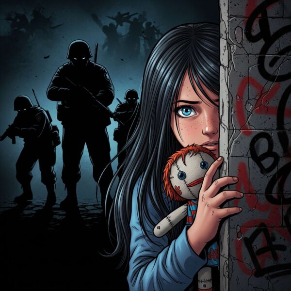 Ilustración de la protagonista Ana cuando era niña, escondiéndose de soldados armados. Escena de "El Despertar de los Sordos". (Crédito: Frank Lahera O’Callaghan / El Despertar de los Sordos).