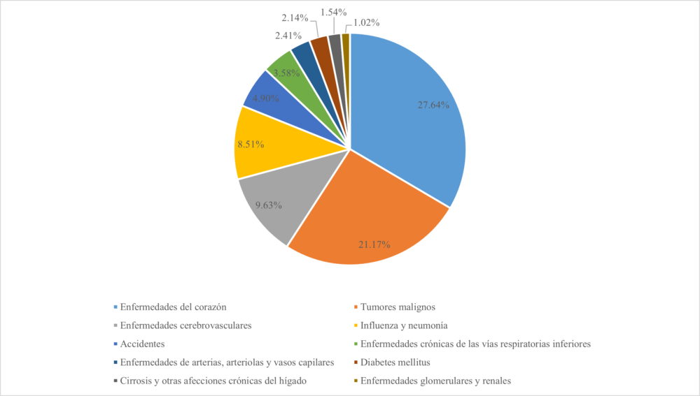 Principales causas de muerte en Cuba en 2024 (en porcentaje del total de defunciones). Fuente: Elaboración propia con datos de la ONEI.