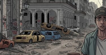 Ilustración de la protagonista Ana cuando era niña, escondiéndose de soldados armados. Escena de "El Despertar de los Sordos". (Crédito: Frank Lahera O’Callaghan / El Despertar de los Sordos).