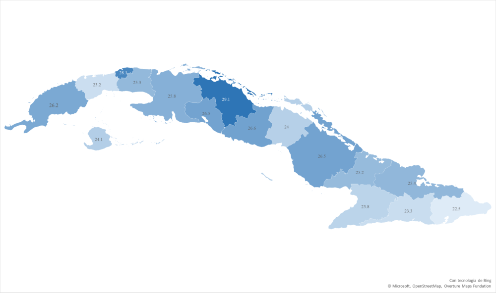 Grado de envejecimiento en Cuba en 2024 (en porcentaje). Fuente: Elaboración propia con datos de la ONEI. 