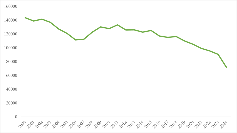 Nacimientos anuales de 2000 a 2024 (en número de nacimientos). Fuente: Elaboración propia con datos de la ONEI.
