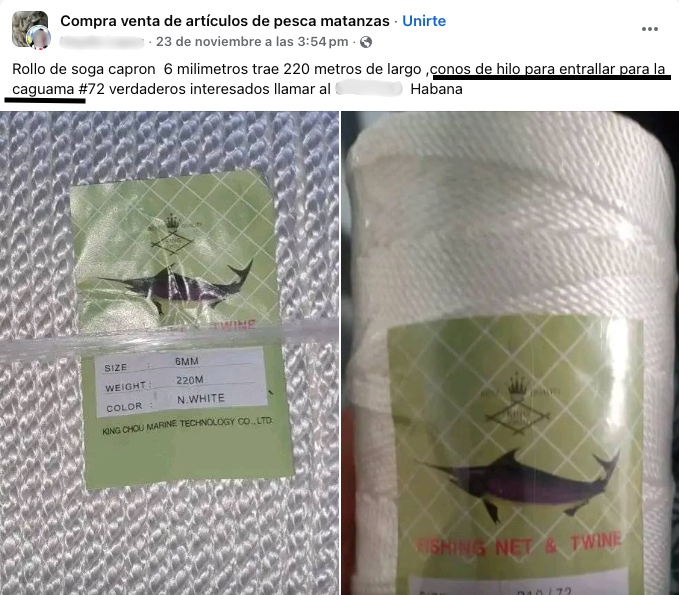 Anuncio de venta de enseres de pesca usados en la caza furtiva de especies protegidas. Foto: Facebook.