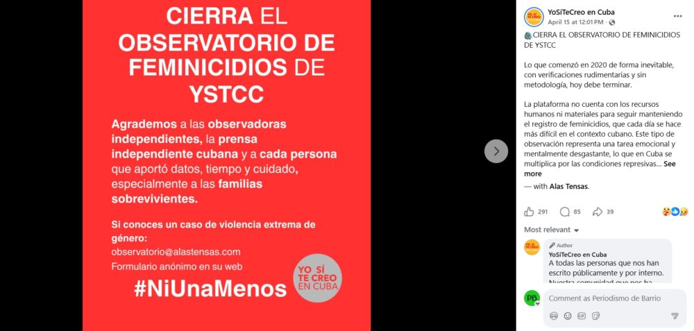 Captura de pantalla de la publicación en la que el colectivo de YoSiTeCreo Cuba anuncia el cierre de su Observatorio de Feminicidios.