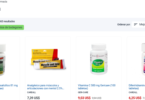 Captura de pantalla de la sección 'Farmacia' en la web Supermarket23. Se muestran productos como Aspirina, Analgésico, Vitamina C y Difenidramina, con precios en dólares estadounidenses (US$) y la opción 'Ver solo productos de bodegones'.