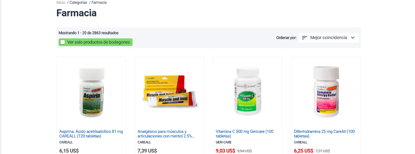Captura de pantalla de la sección 'Farmacia' en la web Supermarket23. Se muestran productos como Aspirina, Analgésico, Vitamina C y Difenidramina, con precios en dólares estadounidenses (US$) y la opción 'Ver solo productos de bodegones'.
