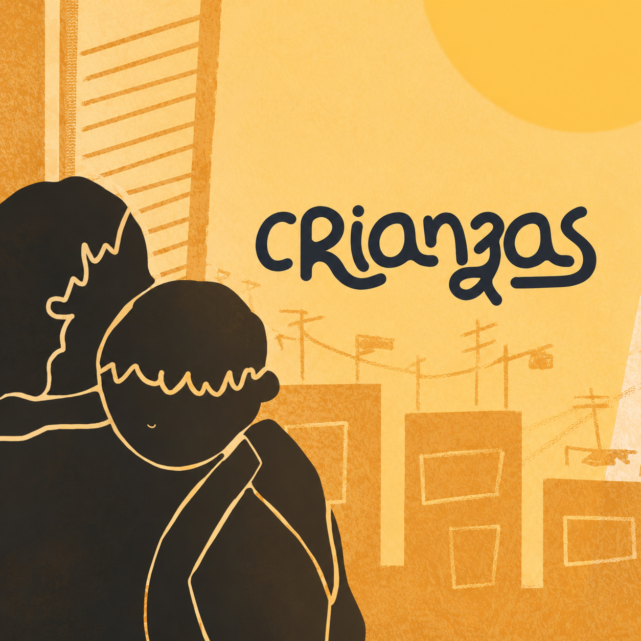 Niños contemplando la ciudad al atardecer